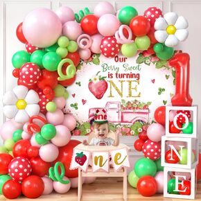 WinRayk 142pcs Strawberry 1st عيد ميلاد ديكور فتاة ديكور عيد ميلاد أول ، صناديق بالون/ ديزي احباط البالون قوس/ خلفية/ "واحد" قبعة/ لافت