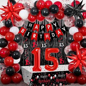 زخارف عيد الميلاد الخامس عشر للبنين والبنات ، 84 PCS Red Black 15th Party Decorations ، Supplie Birthday Party With Banner ، Fringe Backdrop ، Foil Star Balloons ، Doving Swirls ، TableCloth Garland Arch