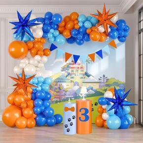 Orange Blue white balloon garalnd arch kit with Orange Blue Banner DIY Star decorations for Cartoon dog pet Birthday kid party decorations