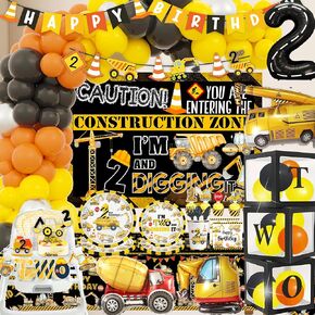 Construction 2nd Birthday Party Supplies ,Dump Truck 2nd Birthday Party Decorations Tableware Includes Box Cutout Sash Plates, Cup, Napkin, Balloon, Backdrop, Tablecloth, Banner, Construction 2nd