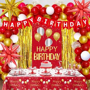 Red and Gold Birthday Decorations for Women Girls, Red and Gold Party Decorations, 91PCS Happy Birthday Banner Ballonns for Boys Girls with Tablecloth, Foil Backdrop Star Balloons Arch for Bday Party