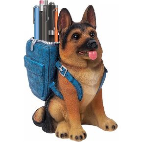 German Shepherd Pen Holder Stand, Office Desk Organizer, Pencil Holder with Backpack, Decorative Resin Dog Statue, Pen Storage for School, Home, Ideal Gift for Pet Lovers