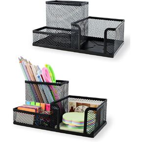 2 Pcs Mesh Pen Holder Pencil Holder for Desk, Metal Desk Organizer Office Supplies with Sticky Notes Holder for School Home Office, 3 Compartments, Black