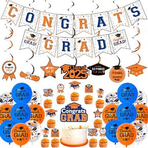 Joymemo Teal Graduation Party Decorations 2025 ، Congrats Grad Banner Cake Topper مع قبعات كب كيك ، فئة من 2025 دوامات معلقة ، لحفلات التخرج الأسود في الفيروز الأسود