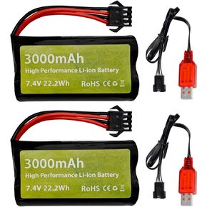 2PCS 7.4V 3000mAh 15C 2S SM-4P Plug Li-ion Battery with USB Charger for EC08 DE85 RC Car, Truck RC Ship RC Drone Engineering Vehicle Backup Battery