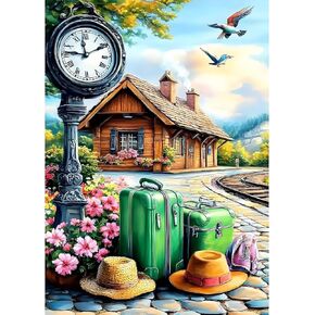 MXJSUA DIY Retro Train Station مجموعات الطلاء الماس للبالغين ، لوحة فنية للأحجار الكريمة للمبتدئين ، صورة الماس مع هدية كاملة من نقاط الحفر الدائرية ، 12 * 16 بوصة