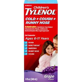 Tylenol Children's Cold + Cough + Runny Nose, Acetaminophen, Pain & Fever Relief, Chlorpheniramine Maleate, Antihistamine, Dextromethorphan HBr, Cough Suppressant; Grape Liquid, 8 fl. oz