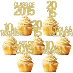 10th Class Reunion Decorations 36PCS 10th Class Reunion Cupcake Topper Gold Class of 2015 Reunion Decorations 10 Year High School Class Reunion Table Decors for High School 10 Year Reunion
