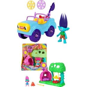 حزمة من Fisher-Price Chementxt Dreamworks Trolls Toy Car and Branch Figure PlaySet و Branch's Buggy مع قاذفة قذيفة وأقراص + المتصيدون للزهور مع المخيم مع شخصية الخشخاش