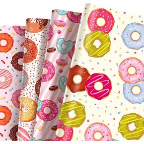 Jajajuegos Donut Wrapping Paper Set - 12 ورقة الالتفاف الالتفاف ورقة التصميم 4 Design Donuts Pattern Gift Paper for Girls Women Birthder Dear Holiday Diy Crafts 20 'x 27' '