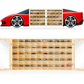 100 لعبة عرض سيارة عرضية عجلات حائط خشبية منظم الرف تخزين 1/64 مقياس رف رف سيارة Diecast مع شارات الجدار خزانة مربع للهدية المصغرة القابلة للتجميع