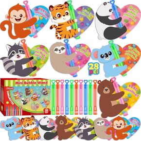 Valentines Day Gifts for Kids, 32 Pack Mini Bubble Wands with Valentines Animal Themes Greeting Cards for Kids, Valentine's Day School Prizes, Classroom Exchange Gift Set Party Favor