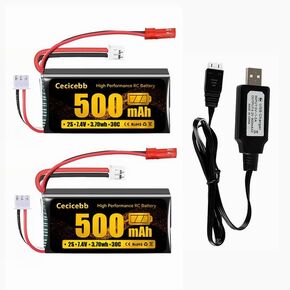 بطارية صغيرة Lipo Scx24 7.4 فولت Lipo بطارية 2S 30C 500mAh قابلة لإعادة الشحن مع قابس JST و PH2.0 ل 1/10 ، 1/16 ، 1/18 ، 1/24 RC CARS CARS TRUCKS 2 مع شاحن USB