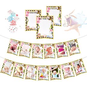 LaVenty Alice in Onederland 1st Birthday Decoration High Chair Banner 12 Months Photo Banner Alice in Onederland 1st Birthday Backdrop