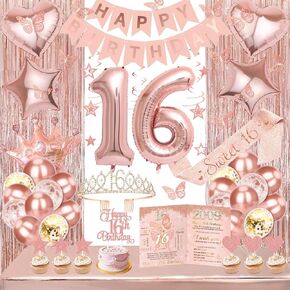 Sweet 16 Party Decorations Rose Gold 16th Decortations for Girls Happy Birthing Banner Fringe Curten Crown Balloons tableroth بطاقة عيد ميلاد سعيد حلوة