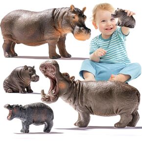 Safari Hippo Animals Toys, 4PCS Plastic Wild Animals Family Figures Toy for Kids Ages 3-5 Includes Hippopotamus and Cubs, Cake Toppers Birthday Gift Party Favors for Boys Girls