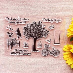 Happy Birthday Think of You Tree Life Girl Clear Stamps for Card Making and DIY Scrapbooking, Transparent Silicone Stamps, White, Rectangular, 11cm x 16cm (4.33in x 6.29in)
