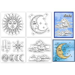 GLOBLELAND 4Pcs Mini Sun Moon Star Clear Stamps for DIY Scrapbooking Clouds Silicone Stamp Seals Shinny Star Transparent Stamps for Cards Making Photo Album Journal Home Decoration 2.2x2.2inch