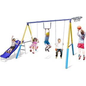 440lbs Swing Sets for Backyard with Slide, 5-in-1 Heavy Duty Metal Swing Frame with Two Swing Seats, Gymnastics Rings, Basketball Hoop, Indoor Outdoor Playground Playset, Swing Set for Kids Toddlers