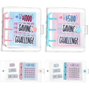 2 PCS 1000 دولار تحدي الادخار ، Little Bitty Bucks 500 Savings Book ، Mini Binder مع الأظرف النقدية ، الموثق النقدي لمكتب ميزانية الميزانية القابلة لإعادة الاستخدام