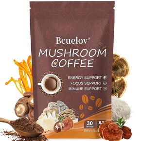 Mushroom Coffee,Organic Instant Coffee with 6 Adaptogenic Mushrooms (Cordyceps, Lion’s Mane, Shiitake, Turkey Tail) for Better Energy, Focus, Positive Mood & Immune Support