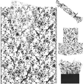 kawaarashi 100 Sheets Black Floral Bird Tissue Paper, 20'' x 14'' Chinoiserie Floral Bird Pattern Gift Wrapping Tissue for Wedding Bridal Shower Birthday Gift Bag Fillers Party Favors