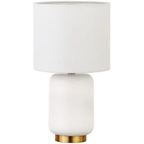Henn&Hart 15" Tall Ceramic Mini Lamp with Fabric Shade in Matte White/Brass/White, for Home, Living Room, Bedroom, Entertainment Room, Office, Kitchen, Dining