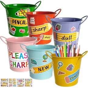 3 Pcs Sharp and Dull Pencil Buckets for Classroom, Metal Sharp and Dull Pencil Pail Holders with Handle 4 Sheet Stickers Back to School Teachers Classroom Management Organization Supplies