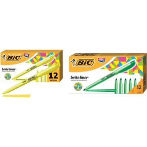 BIC Brite Liner Highlighters ، طرف إزميل ، أدوات عالية من الصفراء ، 12 مترًا ، للتمييز الواسع أو التمييز الناتج عن الخطوط المتطورة وبرايت ، طرف إزميل ، أخضر ، 12 مترًا (BL11-GREEN)