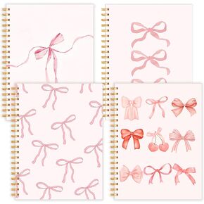 4 Pack A4 Pink Bow Notebooks ، Coquette Notebooks ، المجلات الحلزونية الجمالية للنساء ، ومدرسة القوس اللطيفة والمستلزمات المكتبية ، تحكم الكلية