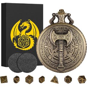 Mini DND Dice Set with Steampunk Barbarian Axe Pocket Watch Shell Case, 7pcs Polyhedral Metal DND Dice Set, D&D Gifts with Gift Box, Role Playing Board Games DND Accessories, Dark Silver