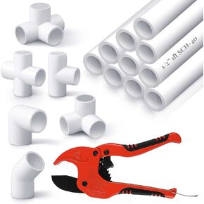 10 Pcs 1 Inch PVC Pipe with 42 Pcs PVC Pipe Fittings Elbow Set and 1 PVC Pipe Cutter White DIY PVC Projects Connection Tee for Home, Greenhouse, Farm, Workshop, Garden, 40 Inch