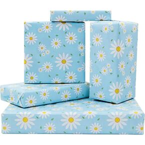 White and Yellow Daisy Floral With Green Leaves On Blue Gift Wrapping Paper With Silk 4 Sheets For Kids Girls Boys, Flower Gift Wrap for Birthday New Baby Shower Wedding Holiday Christening and More Occasion