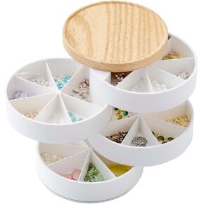 YAMAZAKI Home Sectioned Jewelry Organizer Nail Art Supplies Earring Accessories Storage Holder Rotating Display with Removable Trays | Plastic + Wood, One Size, White