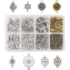 Pandahall 1Box/160pcs 8 Styles Alloy Tibetan Style Flower Connectors Charms Antique Sliver & Brown Metal Filigree Link Charms for Jewelry Making Dangle Pendants