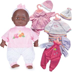 Prextex 12-Piece Black Baby Doll Set - 14-Inch African American Baby Doll Set with Cute Baby Girl Dress and Doll Accessories | Baby Toy, Soft Play Dolls, Best Gift for Baby Girl and Toddler
