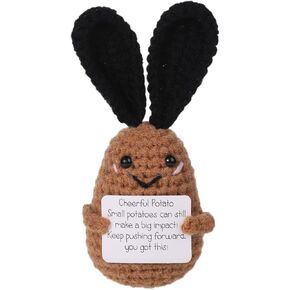 Positive Potato Crochet, 4.9 Inch Funny Positive Potato Knitting Doll Toy with Encourage Card Wool Positive Life Potato with Bunny Ears Gift for Party Decoration Birthday Halloween (Brown)