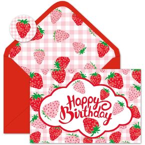 24 Pack Strawberry Birthday Cards Red Pink Strawberry Plaid Greeting Cards with Envelopes Stickers Blank Note Card for Girl Baby Shower Birthday, 4 x 6 Inch