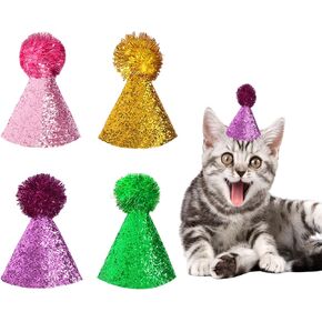 6 Pieces Mini Cat Birthday Hats, Multi-Color Pet Party Hats Cute Adjustable Dog Hat with Pompoms Headbands Stuffed Animal Party Hats for Puppy Kitten Mini Hats