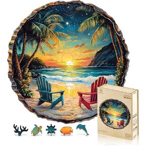 Jigfoxy Wooden Puzzle for Adults,Sunset Beach Wooden Jigsaw Puzzles for Adults, Unique Animal Shape Wood Cut Puzzles for Family Friend Puzzle Lovers(M-11.4 * 11.3in-200pcs)