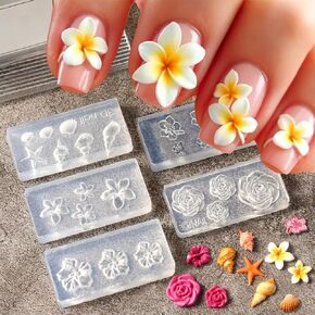 5pcs Silicone Nail Molds Flower Nail Mold Plumeria Cherry Blossom Rose Petunia Ocean Nails Charms 3D Gel Nail Art Mold DIY Flower Charms for Nails Design Resin Molds Manicure Flowers Carving Mould