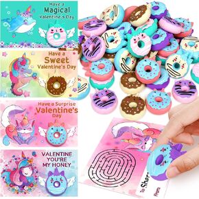28 Unicorn Donut Erasers Valentines Day Gifts for Kids with Valentines Cards Cute Pencil Erasers Bulk Valentines Classroome School Ruccess for Girls Boy (Valentine Erasers)