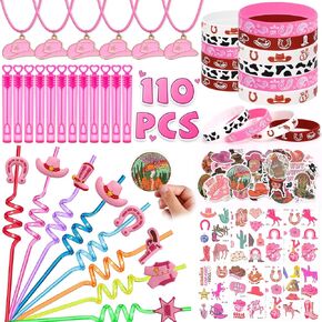 Golray 110pcs Cowgirl Party Forms Hot Pink Princess Suveries For Girls ، Cowgirl Straws Netclace Bubble Wands Bracelet Western Western Tattoo Stattoo Stainers Rodeo Hot Pink Horse Party Party