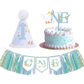 One Sily Goose Birthday Decor for Boys, Blue 1st Silly Cute Goose Highchair Banner Cake Topper and Birthday Hat Supplies, Spring First Bday Party Decorations