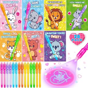 بطاقات يوم عيد الحب لمدرسة Kids ، 28 Pack Pack Invible Ink Pens مع بطاقات المعايدة ، Pen Magic with UV Light for Secret Message ، هدية تبادل مثالية للفتيان ، مثالية لحفلات عيد الحب