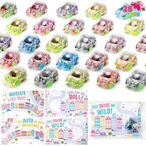 JOYIN 28 PCS Valentines Day Gift Cards with Fresh Color Pull Back Car Toys for Valentine Party Favor, Classroom Exchange Prize, Greeting Cards