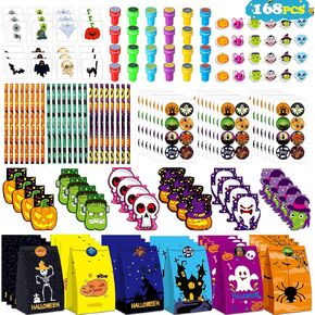 OCHIDO Halloween Party Favors for Kids-168pcs Stationery Gift Kit,Halloween Goodie Bags Fillers Bulk,Trick Or Treat , Halloween Bag,Pencil, Eraser, Notepad, Stamper, Sticker and Temporary Tattoos