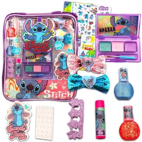 Stitch Cosmetic Bag for Girls - Stitch Makeup Supplies Bundle with Stitch Shoulder Bag for Girls, Lip Balm, Hair Clips, Lip Gloss, More Plus Stickers, Tattoos | Stitch Dress Up for Girls