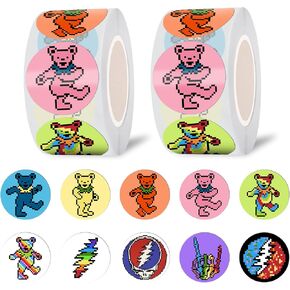 Cute Pixel Dancing Bear Rock Dot Stickers Roll(1000 pcs) Rock Band Cartoon Sticker Decoration Decal Gifts Merch Party Supplies in 2 Rolls with 10 Patterns for Laptop Window Luggage Skateboard