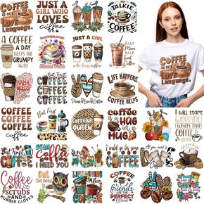 Chiisong 30 Pcs Coffee Iron on Transfers Patches Decals Dtf Transfers Ready to Press Iron on Vinyl Decals Stickers Appliques for Coffee Lover T Shirts Clothes Bag Hoodie Pillow Covers DIY Crafts